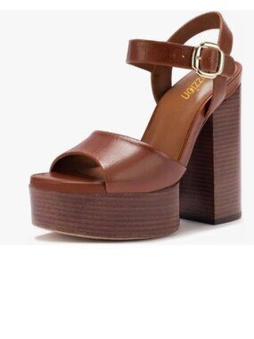 Pazzion Brown Platform Stacked High Heel Sandals Open Toe Easy Buckle Strap Shoe